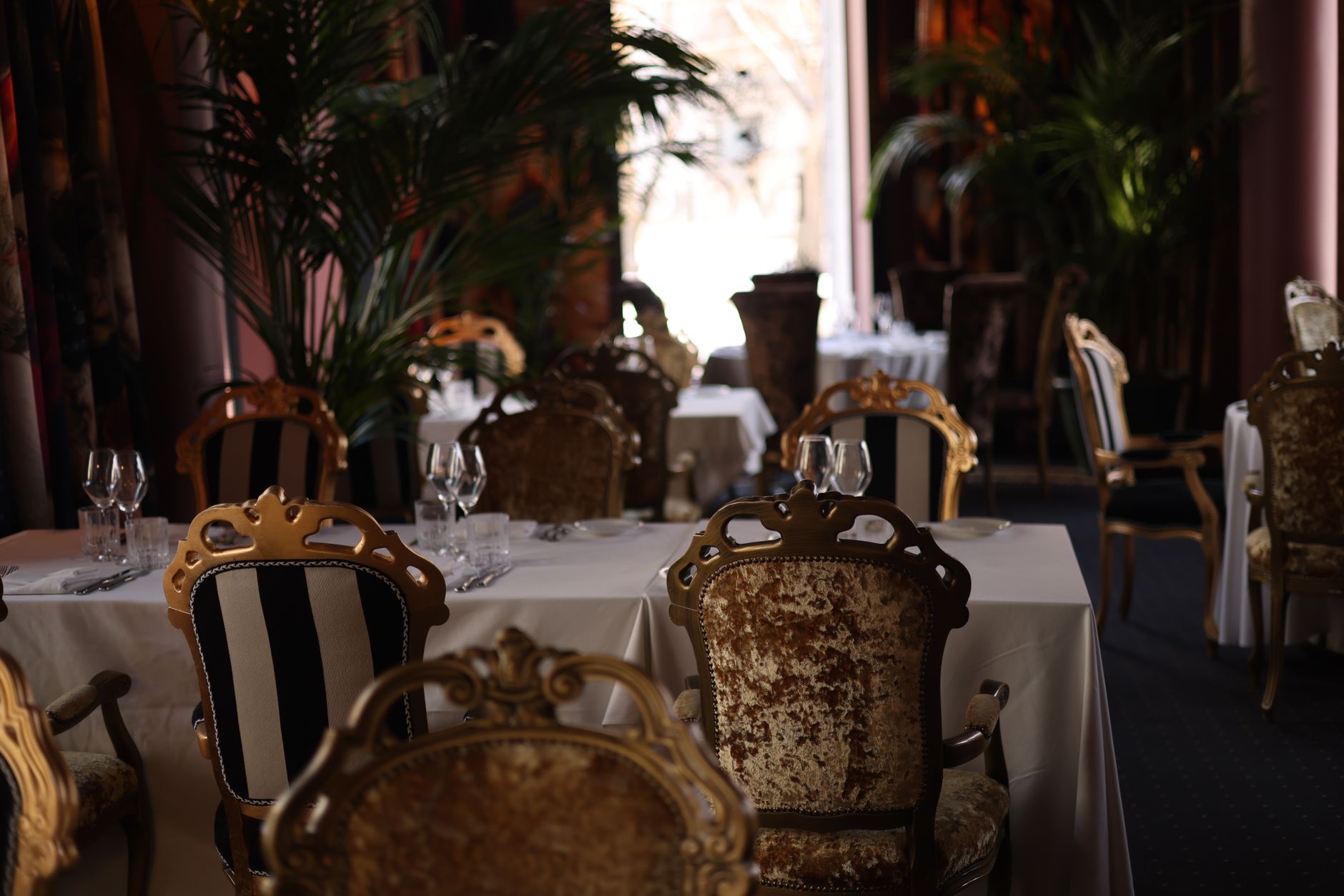 Elegancka, luksusowa sala restauracyjna przygotowana na kolację