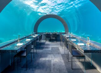 Restauracje multisensoryczne: kiedy kolacja staje się spektaklem dla wszystkich zmysłów Goście w luksusowej podwodnej restauracji z widokiem na ocean